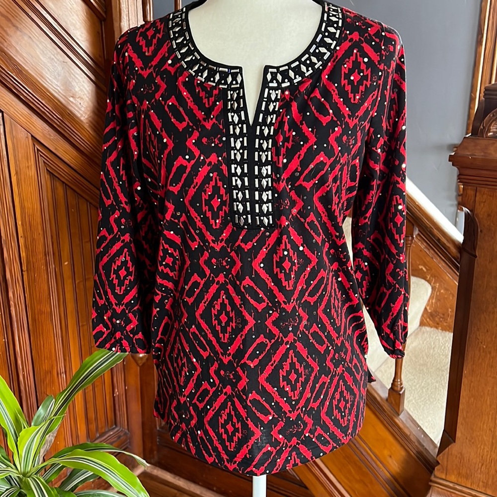 Cathy Daniels Red and Black Geometric Print Top Sz S